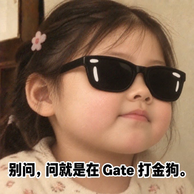 Meme image of a young child wearing oversized black sunglasses with Chinese text overlay reading '别问，问就是在 Gate 打金狗' (Don't ask, I'm at Gate gold-grinding dogs).