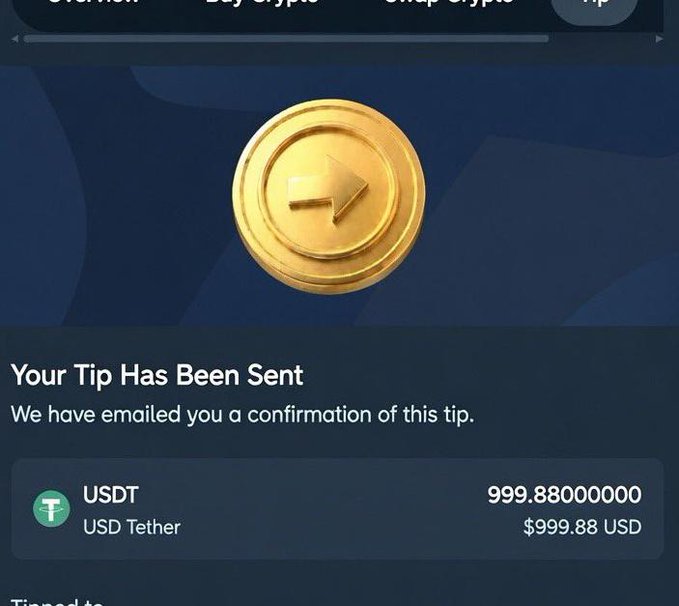 The image shows a confirmation screen reading "Your Tip Has Been Sent" for a tip of 999.88 USDT ($999.88 USD) in USD Tether, visually supporting the post congratulating @SolNavigat on receiving the nearly $1,000 crypto tip.