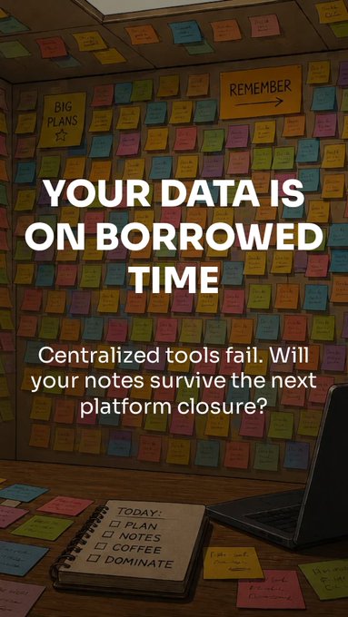 A promotional graphic showing a wall covered in sticky notes with the overlay text 'YOUR DATA IS ON BORROWED TIME' and 'Centralized tools fail. Will your notes survive the next platform closure?', featuring a checklist notebook labeled 'TODAY: PLAN, NOTES, COFFEE, DOMINATE'.