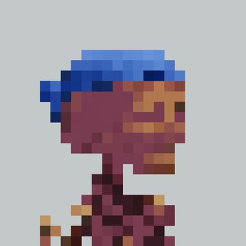 A low-resolution pixel art rendering of a character in profile with brown skin, wearing a blue cap and dark outfit, against a light gray background.