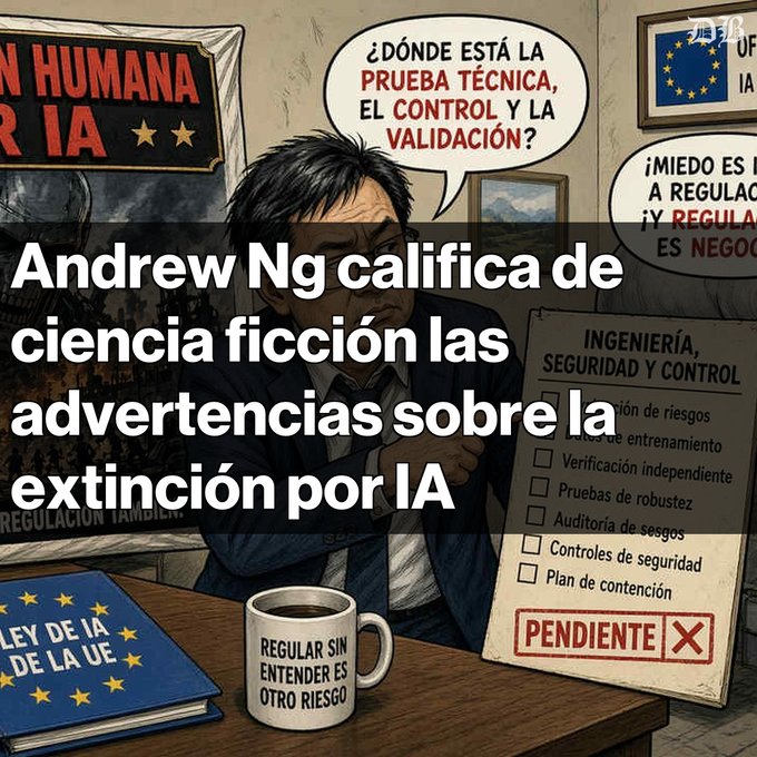 A Spanish-language graphic featuring an illustration of Andrew Ng with text reading 'Andrew Ng califica de ciencia ficción las advertencias sobre la extinción por IA,' showing speech bubbles questioning technical proof and a checklist marked 'PENDIENTE.'