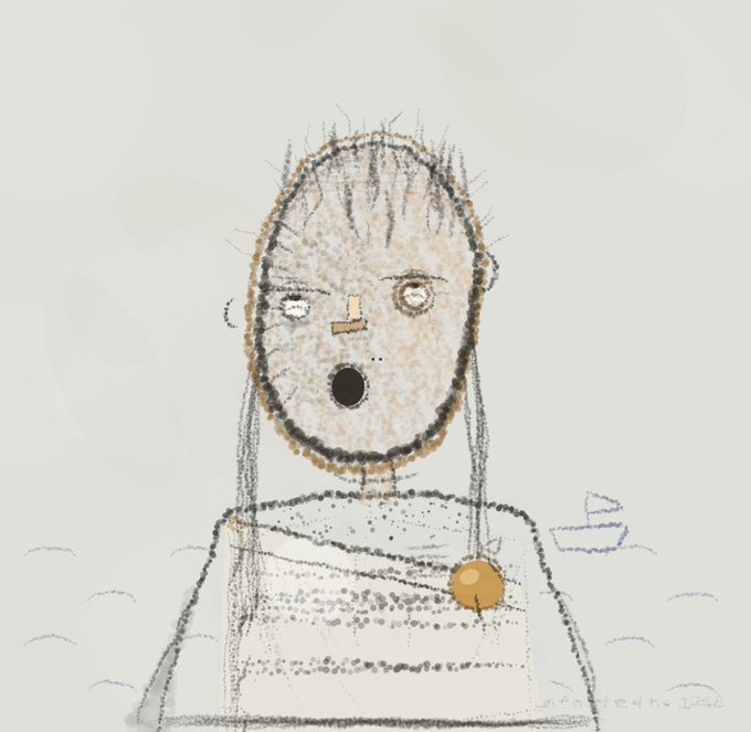 A child's crayon-style drawing of a figure with an open mouth and an orange accessory on their chest. The handwritten signature "MADE IN 2020" appears in the bottom right. The post indicates it's part of the "Do Not Finish" (DNF) project, an intentionally unfinished artwork made at theunfinished.xyz/lab.