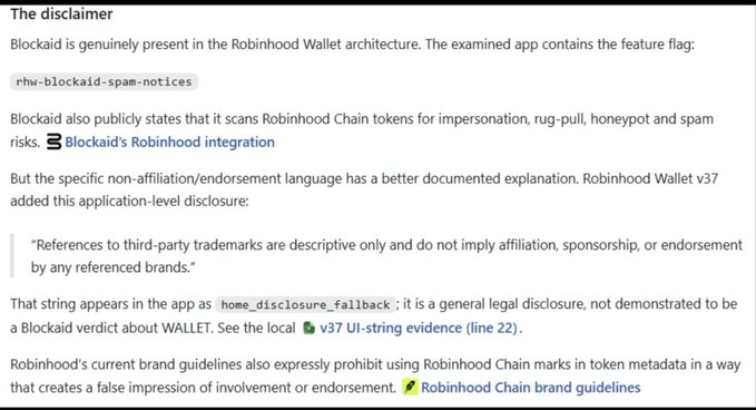 The image shows a technical breakdown explaining that Blockaid is genuinely present in Robinhood Wallet, evidenced by the feature flag "rhw-blockaid-spam-notices," which scans for impersonation, rug-pull, honeypot, and spam risks. It highlights that Robinhood Wallet v37 added a general disclosure ("home_disclosure_fallback") clarifying that references to third-party trademarks don't imply affiliation, suggesting this disclaimer likely relates to the $WALLET token's dump, as users may have mistaken it for being officially connected to the Robinhood Wallet team.