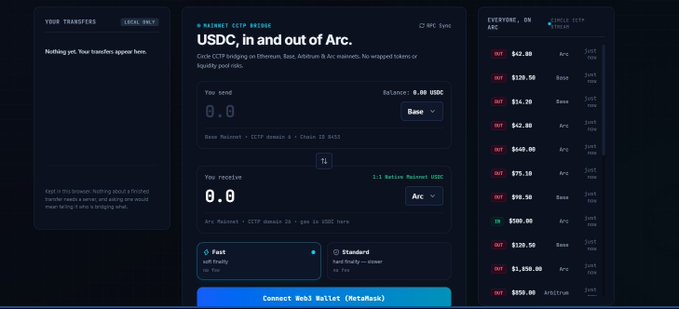 A screenshot of a cryptocurrency bridge interface titled 'USDC, in and out of Arc' showing transfer options between Base and Arc chains, with a 'Connect Web3 Wallet (MetaMask)' button and a list of recent transfers.