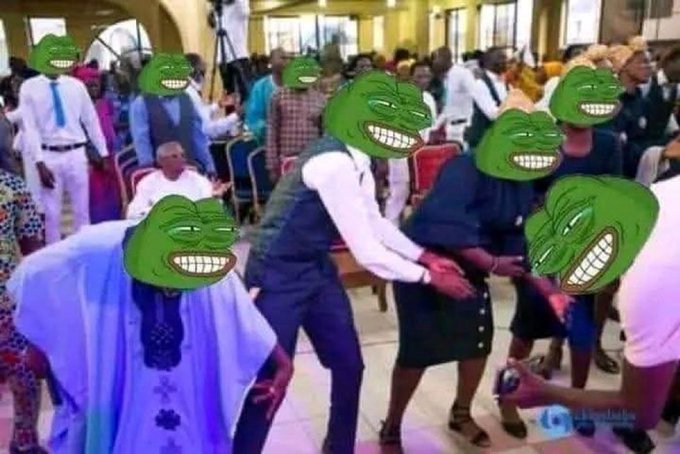 A chaotic scene of people dancing at what appears to be a celebration, with multiple faces covered by the green 'Smug Pepe' trollface meme overlay.
