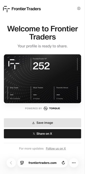 A Frontier Traders welcome screen displaying a "FrontierTrader №252" profile card with stats for First Trade, Most Traded, and Favorite Venue, along with "Save image" and "Share on X" buttons—shown to promote the $10 signup giveaway mentioned in the post.