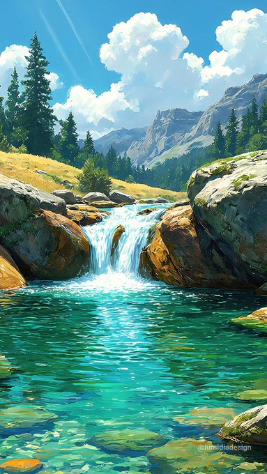 A vibrant anime-style illustration of a mountain landscape featuring a waterfall flowing into a turquoise pool, surrounded by rocky terrain, pine trees, and snow-capped mountains under a bright blue sky with clouds.