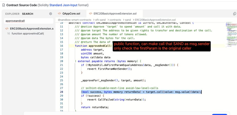 The image displays Solidity source code for "ERC20BasicApproveExtension.sol," featuring an `approveAndCall` function (line 16) within the `ERC20BASICAPPROVEXTENSION` contract that performs token approvals and external calls. A red annotation highlights a critical access control flaw: the function only verifies that `msg.sender` matches the first parameter (the original caller), meaning anyone whose data has been pre-approved can re-execute the call, which relates directly to the post about The Sandbox exploit's access control vulnerability rather than a LayerZero DVN attack.