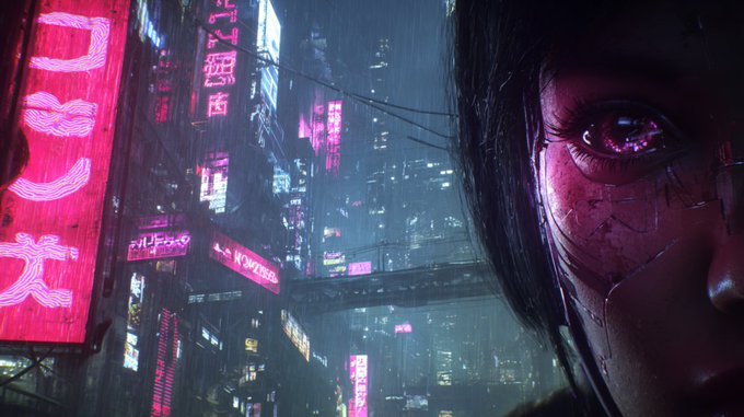 A close-up, cinematic view of a cyberpunk-style character's eye juxtaposed against a rainy, neon-lit futuristic cityscape. This imagery visually represents the theme of the "Home, 2089" exhibition, illustrating the concept of a high-tech, immersive Metaverse world.