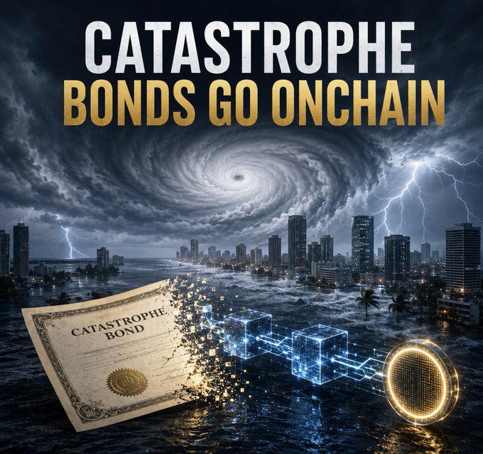 A dramatic digital artwork depicting a hurricane over a flooded coastal city with lightning, featuring a 'CATASTROPHE BOND' certificate transforming into blockchain cubes, with bold text 'CATASTROPHE BONDS GO ONCHAIN' at the top.