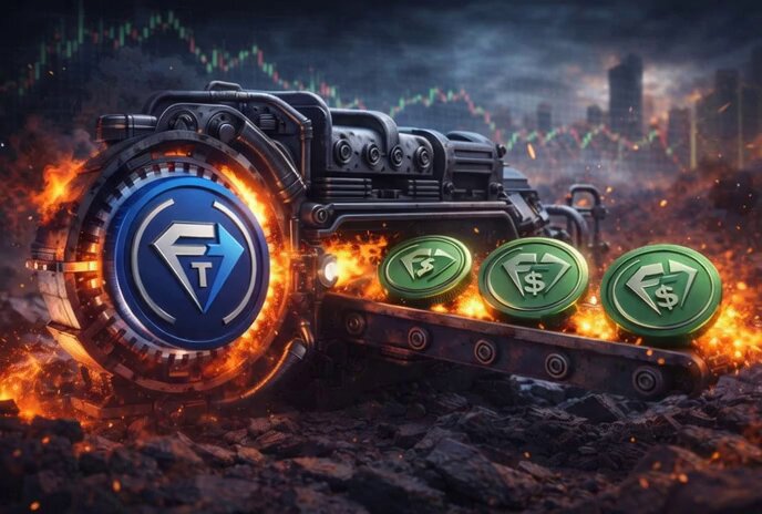 The image features a machine with four green circles on its side, each containing a dollar sign symbol. The machine has a blue circle on top of it as well. The background shows a city skyline under a dark sky filled with smoke and flames. The caption reads "Happy Monday. The market doesn't care that it's a new week. It won't pause while people second-guess. And it certainly won't announce when opportunity arrives. One day, it'll just change. It always does. Until then, focus on what".