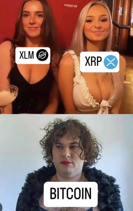 The image is a meme contrasting two attractive women labeled "XLM" and "XRP" with a disheveled-looking person labeled "BITCOIN," implying that altcoins like XRP and XLM are far more appealing than Bitcoin. It ties into the post about choosing XRP by visually presenting XRP as the superior crypto choice over Bitcoin.