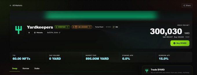 Screenshot of a YARD token marketplace page for 'Yardkeepers' showing verified status, a price of 300,030 YARD, 60.00 NFTs in TVL, and a Buy YARD button.