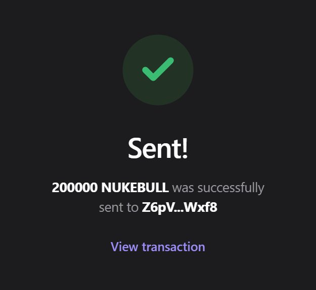 A successful transaction confirmation screen showing "Sent!" with a green checkmark, indicating 200,000 NUKEBULL tokens were sent to wallet address Z6pV...Wxf8, with a "View transaction" link—demonstrating proof of the token airdrop/transfer being promoted in the accompanying post requesting $SOL wallet submissions.