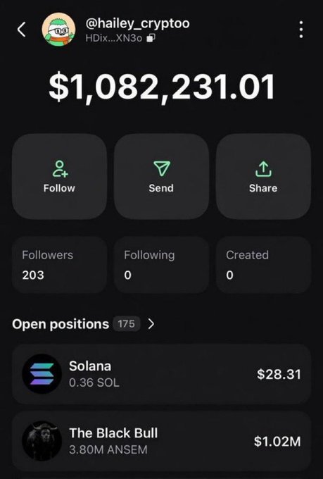 This image shows a crypto wallet balance of over $1 million for "@hailey_cryptoo", with open positions including "The Black Bull" valued at $1.02M, supporting the post's narrative of life-changing crypto success.