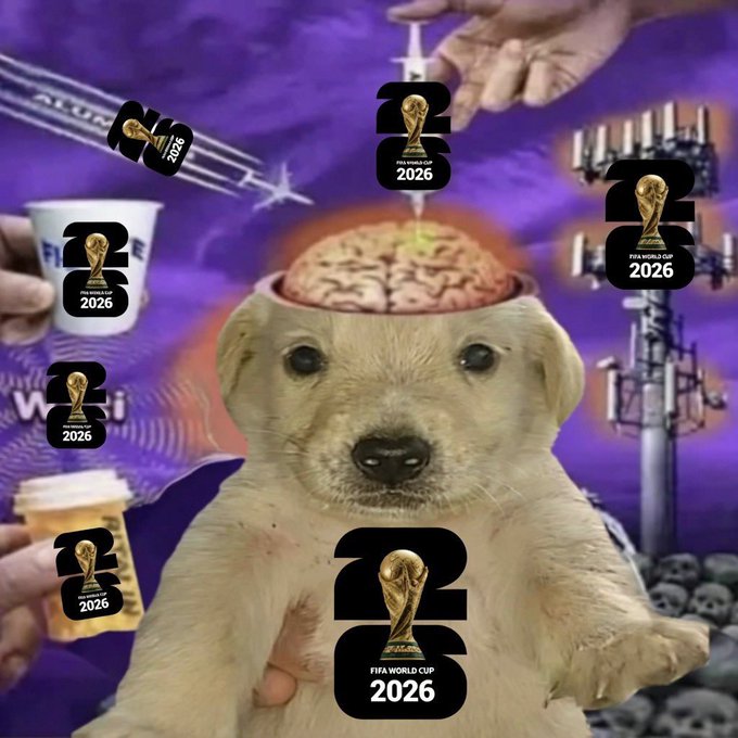 A meme image featuring a puppy with an exposed brain, surrounded by surreal collage elements (syringe, cup, Wifi symbol, coffee, skeletons, cell tower, airplane) all overlaid with "FIFA WORLD CUP 2026" World Cup trophy logos, used to promote the $Jotchua token by referencing its viral popularity during the World Cup.
