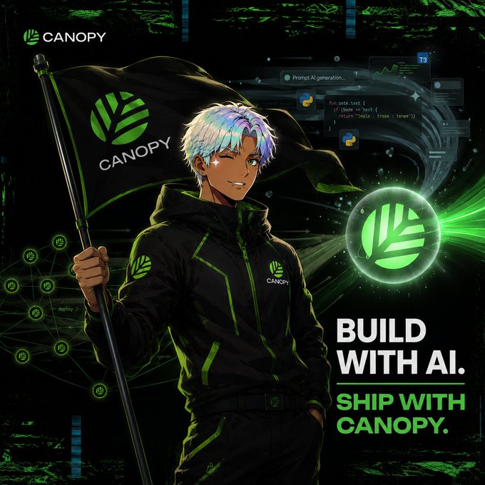 The image features a man standing next to a black flag with green leaves, holding it aloft against a dark background. The caption below the image reads "Build with AI. Ship with Canopy." This suggests that the man might be promoting an AI-based project or service and is using the flag as part of his marketing strategy.