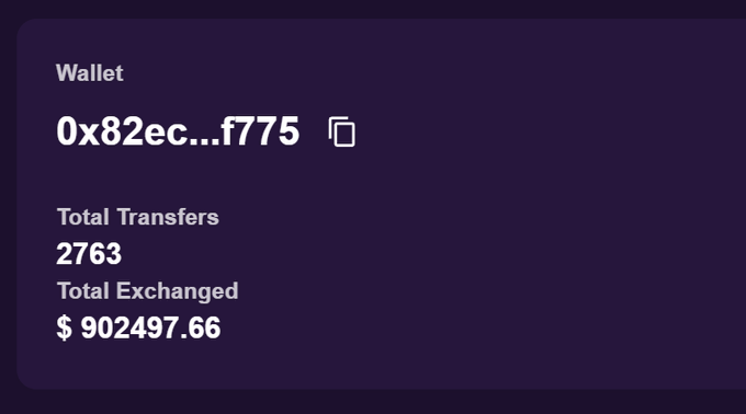 Dark purple wallet info card showing address 0x82ec...f775 with 2763 total transfers and $902,497.66 total exchanged.