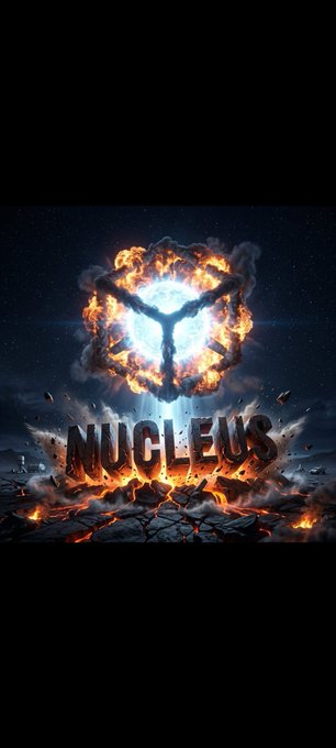 A dramatic illustration featuring a flaming figure with arms raised inside a fiery circle, with the word "NUCLEUS" displayed in metallic letters on cracked, lava-filled ground beneath.