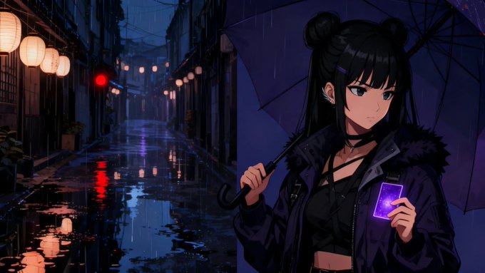 An anime-style illustration featuring a dark-haired girl in a black outfit holding a purple umbrella, standing in a rain-soaked street illuminated by red lanterns, with reflections of the lights visible on the wet pavement.