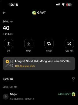A screenshot of a Binance wallet showing a balance of 40 GRVT tokens ($13.34), featuring a transaction history entry dated 2026-08-10 where 40 GRVT was received from wallet 0xC739...865912 as part of a Binance event reward highlighted by a "Bắt đầu giao dịch" (Start trading) prompt related to GRVTU perpetual contracts.