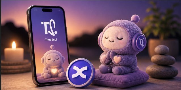 Promotional image for 'TimeSoul' featuring a purple plush mascot in meditation pose beside a smartphone displaying the TimeSoul logo, with an X (Twitter) icon.