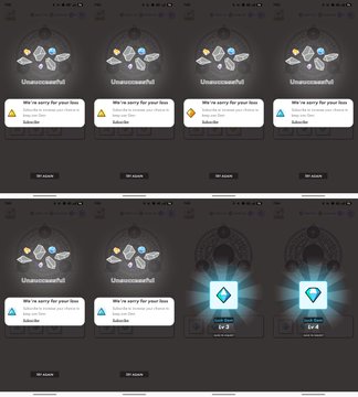A grid of eight digital NFT collectible cards, all titled 'UnwoundedPuff', with two showing revealed glowing blue 'E=2' and 'E=4' cards.