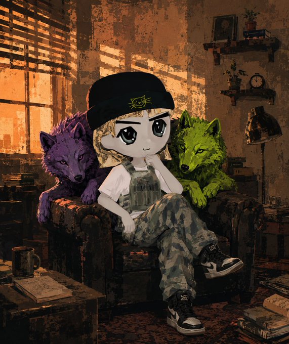 A stylized illustration depicts a cartoon character with a skull beanie sitting in a leather chair flanked by purple and green wolves.