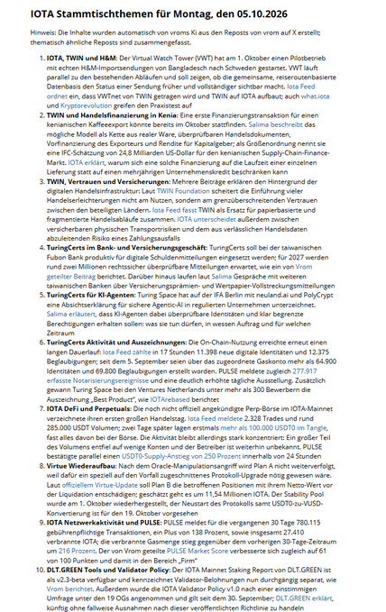 A German-language newsletter from IOTA dated 05.10.2026 containing news items on topics such as TWIN, H&M, Kenya, TuringCerts, KI-Agenten, IOTA DeFi and Perpetuals, IOTA Netwerkaktivität and PULSE, and DLT.GREEN Tools and Validator Policy.