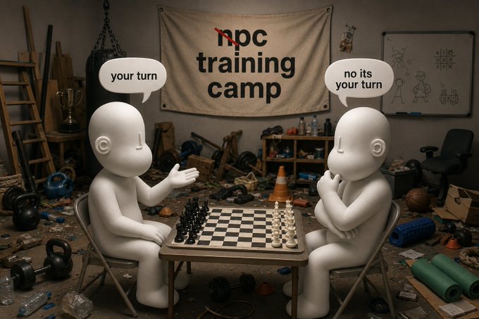 Two 3D white figures sit at a chessboard in a gym setting, with speech bubbles saying 'your turn' and 'no its your turn', while a banner behind them reads 'npc training camp'.