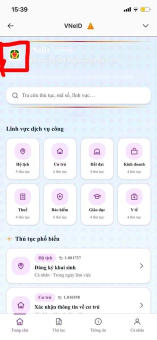 A screenshot of the VNeID mobile app interface in Vietnamese showing public service categories (Hộ tịch, Cư trú, Đất đai, Kinh doanh, Thuế, Bảo hiểm, Giáo dục, Y tế) with a red circle highlighting the app icon.
