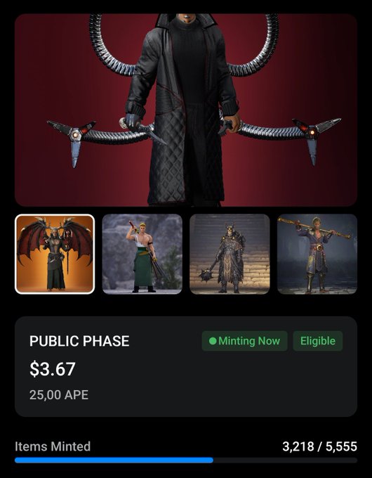 A digital collectible marketplace page showing a dark, horned character holding bladed weapons, with smaller thumbnail options below and text indicating "PUBLIC PHASE", "Minting Now", a price of "$3.67", and "3,218 / 5,555" items minted.