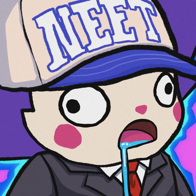 A cartoon character wearing a backwards "TWIST" cap and business suit drools blue fluid, exaggerating a brain-dead, drooling expression that humorously mocks the "unemployed retards" caption by visually depicting an exaggerated, meme-style depiction of a dull-witted office worker.