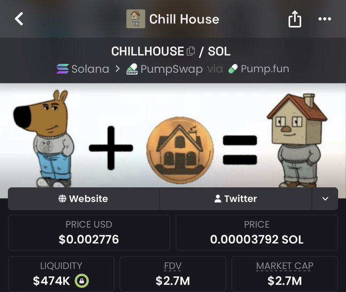 The image shows a cryptocurrency token page for "CHILLHOUSE" on the Solana network, traded via PumpSwap/Pump.fun, displaying a current price of $0.002776 (0.00003792 SOL) with a market cap of $2.7M and liquidity of $474K. The token's banner creatively combines a dog character with a house coin to form a house-headed figure, reflecting the "Chill House" memecoin branding. This aligns with the post's boast of holding the CHILLHOUSE memecoin for 25 days—the user's longest hold—showing the token they've patiently maintained despite its small market cap.