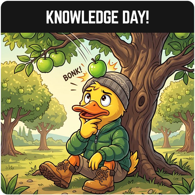 A cartoon illustration shows a yellow duck wearing a beanie and green jacket sitting under a tree, hit on the head by a falling green apple with the text 'BONK!'. The image is titled 'KNOWLEDGE DAY!' at the top.