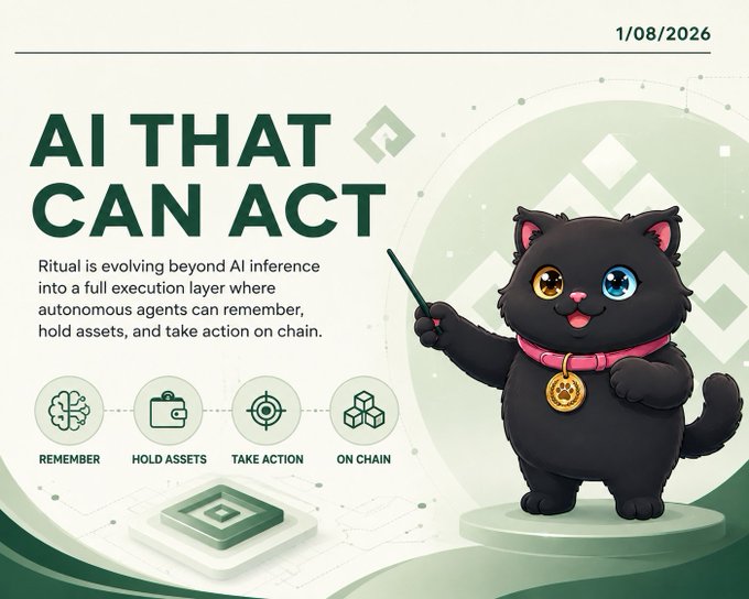 A promotional graphic dated "1/08/2026" featuring the headline "AI THAT CAN ACT" alongside a black cartoon cat holding a wand and wearing a pink collar with a gold medallion. Below the headline, four icons illustrate Ritual's capabilities—"REMEMBER, HOLD ASSETS, TAKE ACTION, ON CHAIN"—visually reinforcing the post's message that Ritual is evolving beyond a simple AI oracle into a full execution layer for autonomous agents.