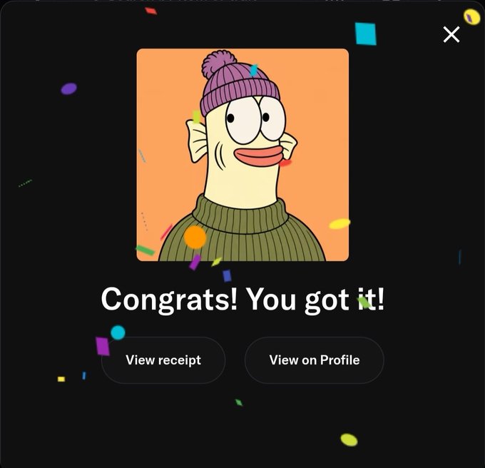 A digital interface screenshot featuring a cartoon fish character wearing a beanie and sweater, with the text 'Congrats! You got it!' and buttons for 'View receipt' and 'View on Profile'.