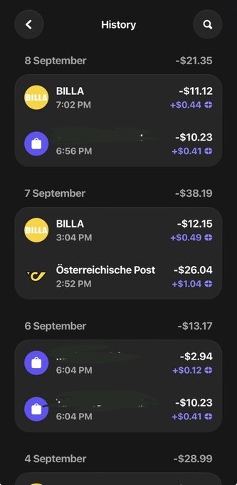 The image shows a transaction history screen displaying daily spending summaries across several dates (8 September, 7 September, 6 September, and 4 September), with transactions from BILLA and Österreichische Post, showing cashback rewards in purple. This aligns with the post praising a card used daily for its clean interface and cashback benefits through staking XPL.