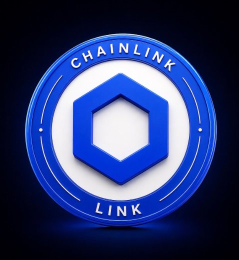 A 3D rendering of the Chainlink (LINK) cryptocurrency logo, featuring a blue hexagon centered within a white circle on a dark blue background.