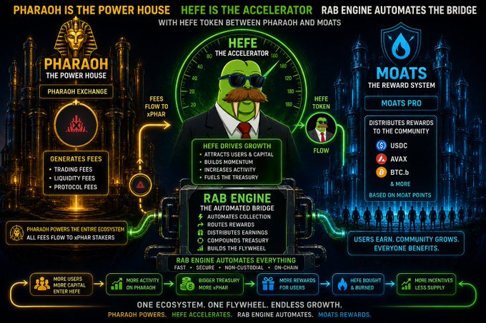 A diagram breaking down the Pharaoh, Hefe, Rab Engine, and Moats ecosystem, showing how Pharaoh's fees flow to xPHAR stakers while Hefe drives growth through user attraction, automates the Rab Engine for seamless routing, and Moats distributes rewards in USDC, AVAX, and BTC.b based on Moat Points to complete the flywheel of one unified flywheel economy.