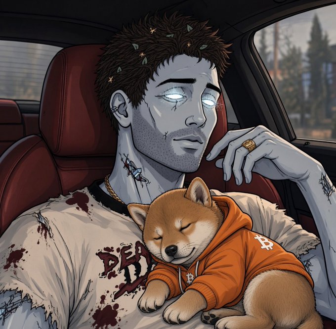 An illustrated zombie-like character with glowing eyes and stitched skin sits in a car holding a sleeping Shiba Inu puppy dressed in an orange Bitcoin hoodie.