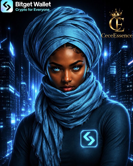 A striking digital artwork features a woman with blue eyes wearing a large blue turban and scarf, set against a futuristic cyberpunk cityscape, with the "Bitget Wallet - Crypto for Everyone" logo in the top-left and "CeceEssence" branding in the top-right, visually tying the crypto theme to the post about Bitget Wallet's diverse prediction markets spanning sports, finance, climate, politics, tech, and culture.