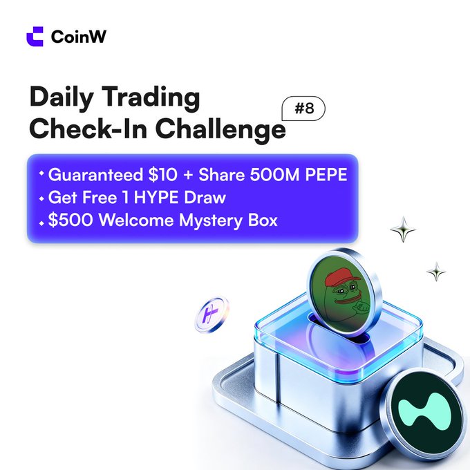 The image shows a coin shop logo with a man wearing a red hat standing next to an advertisement for a trading challenge. The text displayed below this image reads, "How many days in a row can you actually trade? 1 day? 3 days? Or the full 10? We're rewarding consistency this time: bit.ly/4oQNmne Trade daily to Unlock up to $200 Check in 5+ days to share 500M PEPE Check-In Challenge #8". The challenge is related to the trading of cryptocurrencies, and a coin shop logo is used as an advertisement for this challenge.