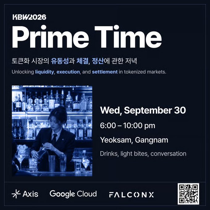 The image is a promotional flyer for "Prime Time," a KBW2026 event hosted by Axis, Google Cloud, and FalconX, taking place on Wednesday, September 30 from 6:00–10:00 pm in Yeoksam, Gangnam, featuring drinks and light bites with a focus on tokenized markets' liquidity, execution, and settlement, accompanied by a bartender photo and a QR code.