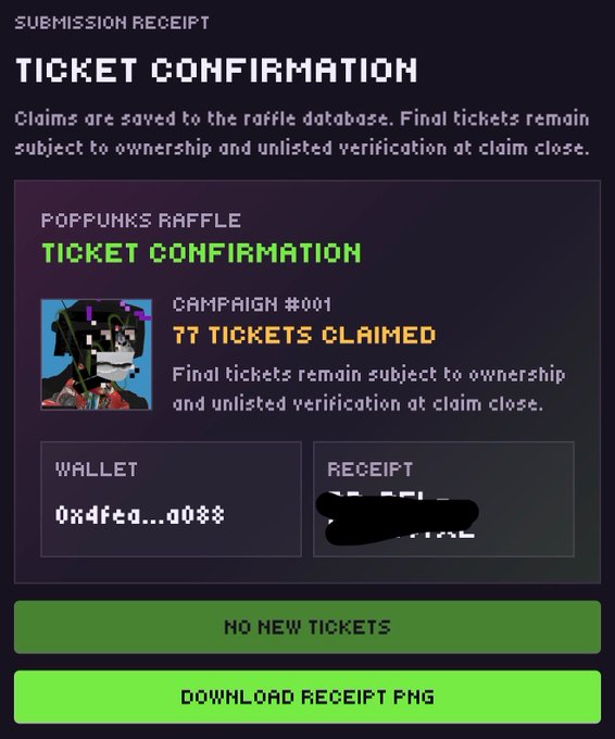 The image appears to be a screenshot of a social media page or website, likely a fan page for the Popping Punks Raffle game. The main information displayed in the screenshot is a claim that has been successfully made by one of the players at the game's raffle. This player claims to have won 77 punks, which they are holding as NFTs and are making a download receipt for. The rest of the page features various details about the Popping Punks Raffle, such as rules, prizes, and how to join or claim your ticket.