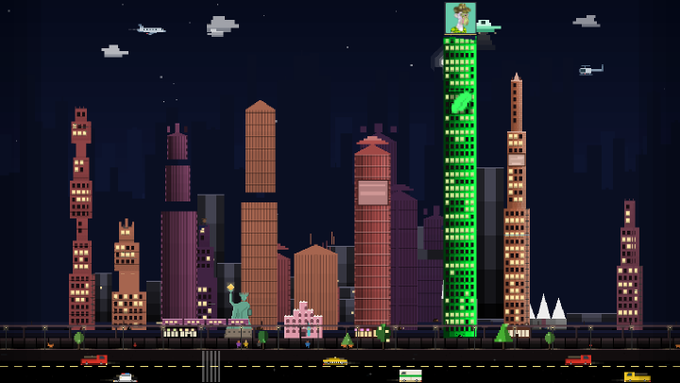 A pixel art cityscape at night features tall illuminated skyscrapers, a Statue of Liberty replica, small cars on a road, and helicopters in the sky.