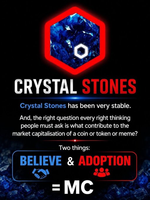 A promotional graphic for "Crystal Stones" features a red hexagonal logo with a blue crystal design, alongside text stating that Crystal Stones has been stable and emphasizing that market capitalization is driven by "Believe & Adoption," symbolized by handshake and people icons. The image visually reinforces the post's message by highlighting the project's stability and laying out the foundational principles (belief and adoption) behind its market capitalization as it embarks on its next chapter connecting blockchain with real-world assets.