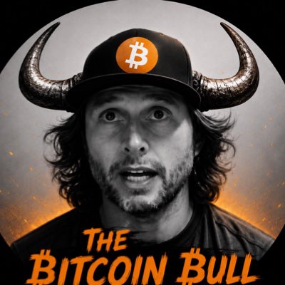 A poster-style image of a man wearing a Bitcoin logo cap with horns, titled 'THE BITCOIN BULL'.