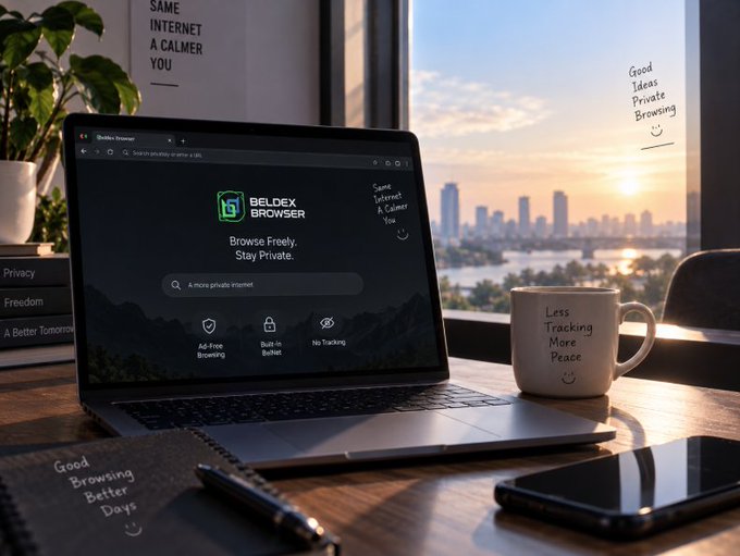 A laptop displaying the Beldex Browser welcome screen with the tagline "Browse Freely, Stay Private" sits on a desk alongside a mug reading "Less Tracking, More Peace," with handwritten notes like "Good Ideas Private Browsing" and "Good Browsing Better Days" reinforcing the post's message about reclaiming a calmer, ad-free internet through Beldex Browser.
