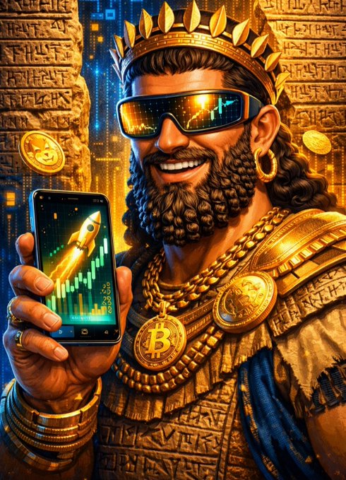 A digital artwork of a bearded man wearing a golden crown, VR goggles, and gold jewelry with a Bitcoin emblem, holding a smartphone displaying a stock chart with a rocket.